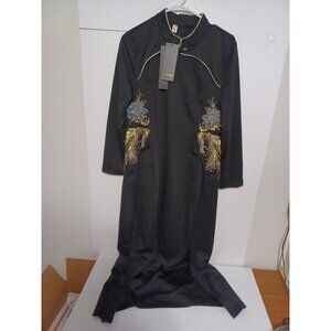 Lai Meng Five Cats Womens Swing Midi Dress Black Embroidered Floral